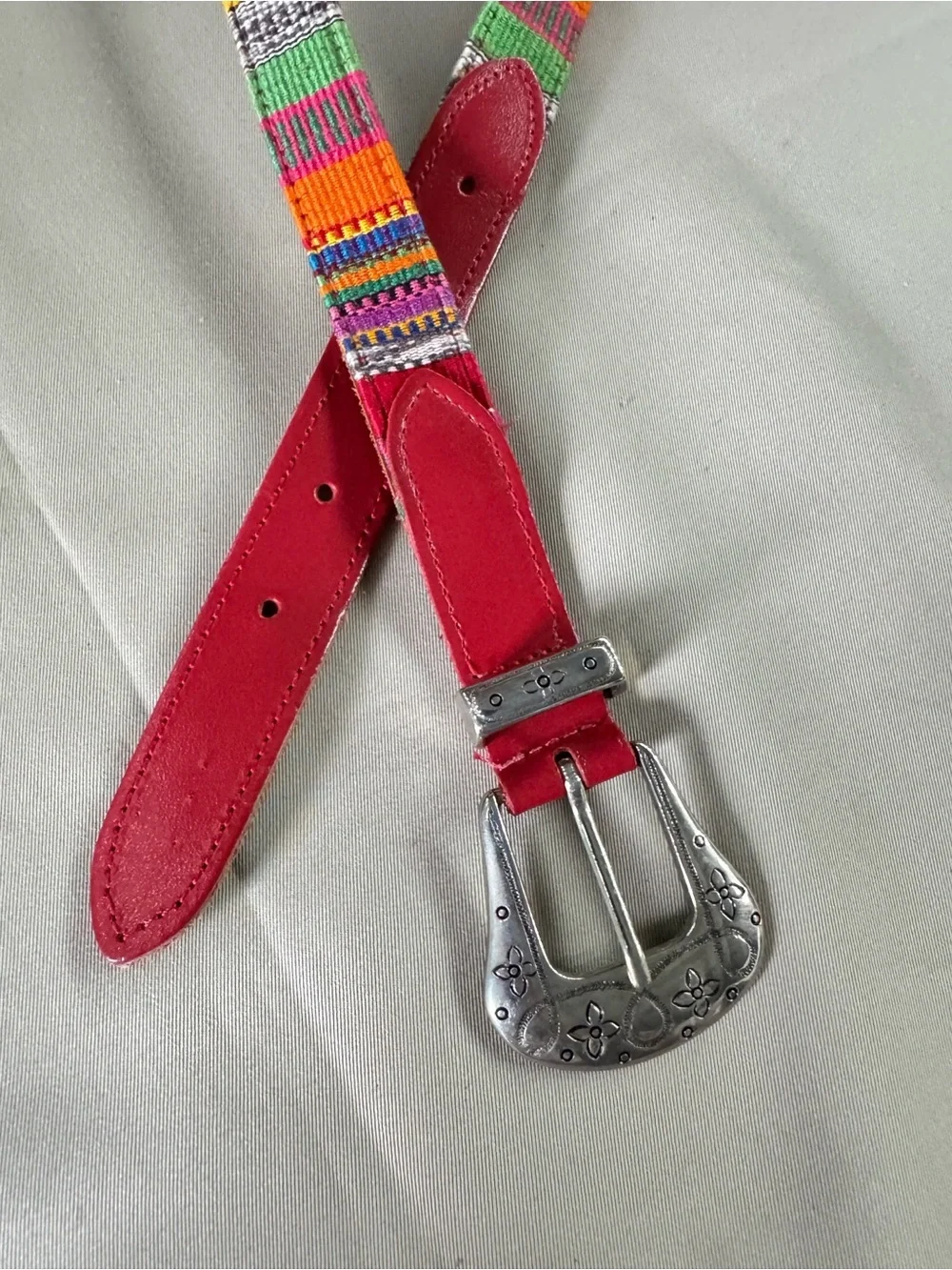 Woven Textile Leather Belt Colorful Southwestern Silver Floral Buckle